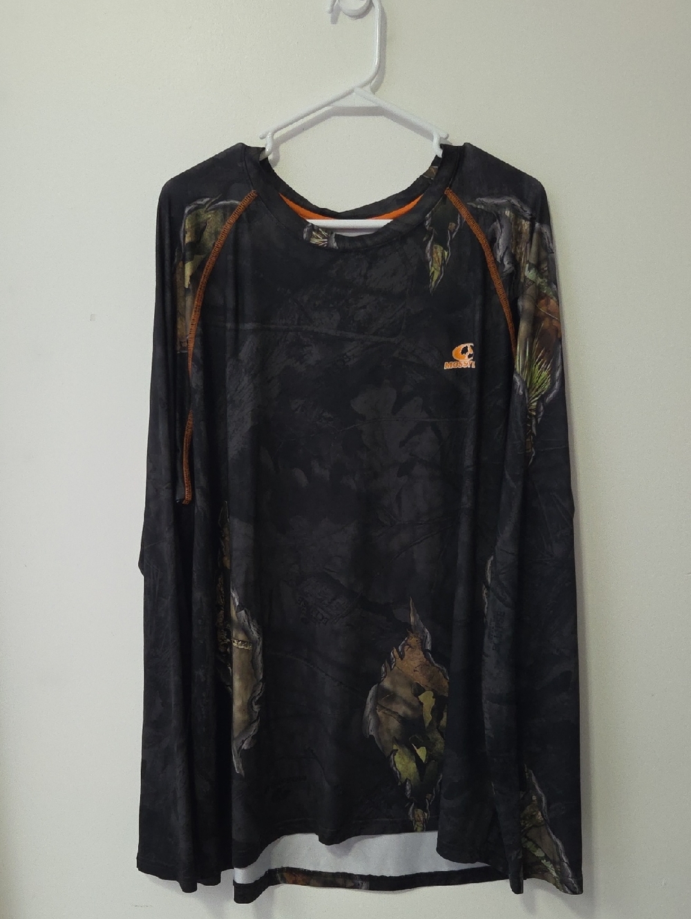 Mossy Oak Black Camo Long Sleeve Shirt with Orange Accents